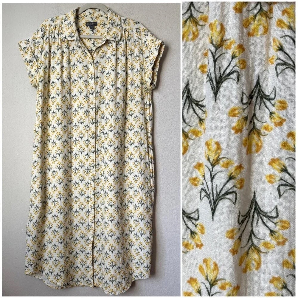 Style & Co. Gauzy Cotton Boho Floral Button Up Midi Shirt Dress Beaded Belt